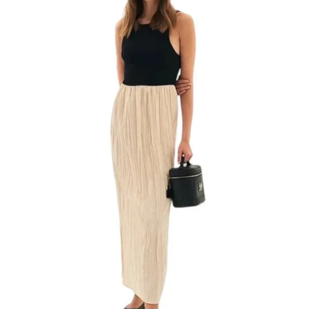ZARA Black Tan Crinkled Tank Maxi Sun Dress Small